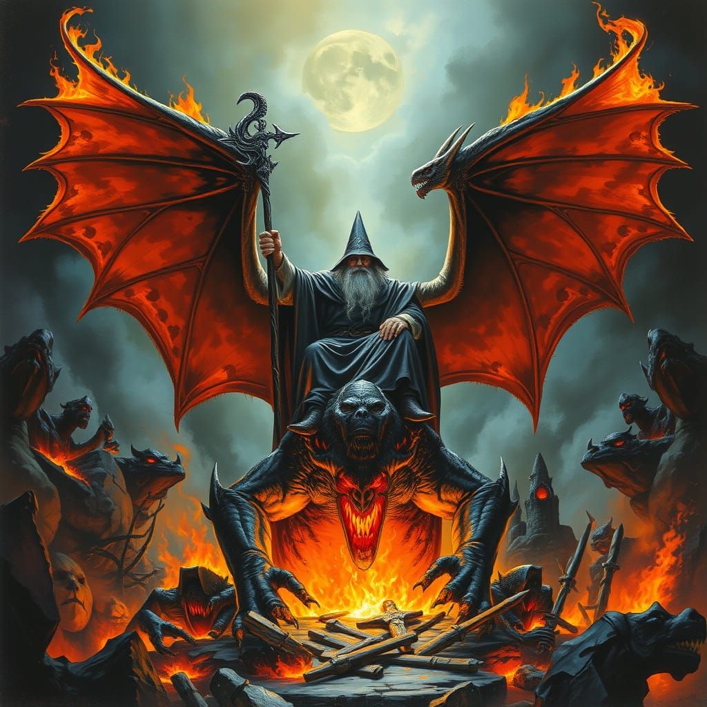 Gandalf Triumphs Over the Defeated Balrog in Dark Fantasy Sc...