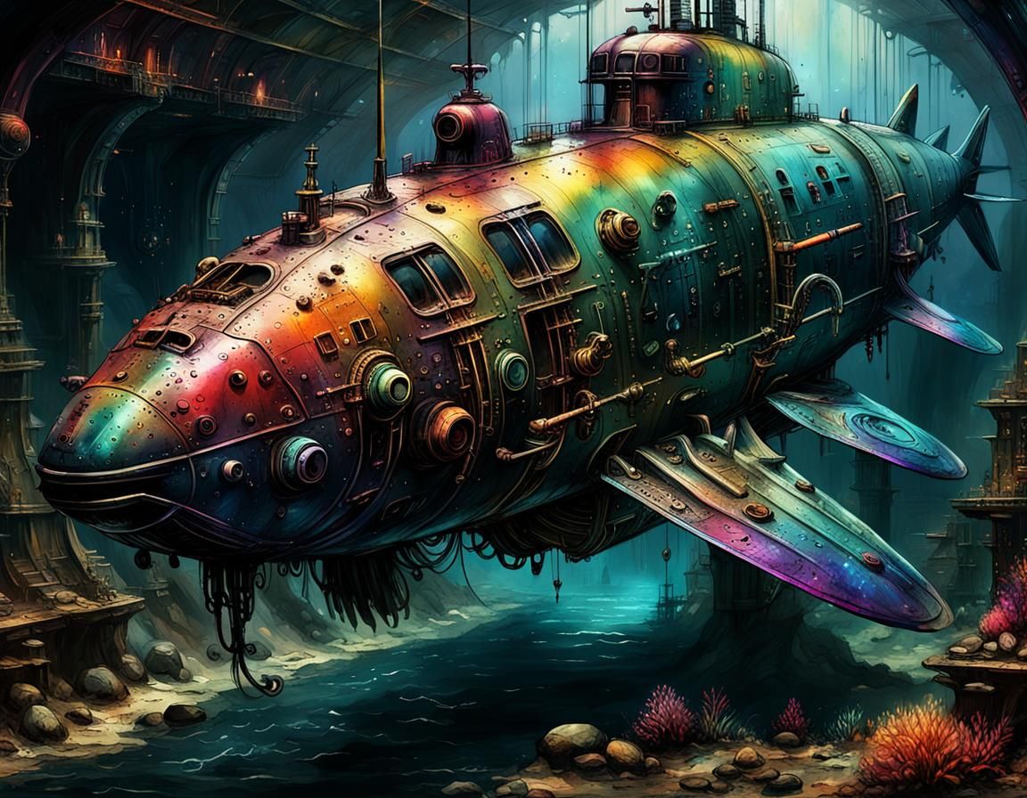 Insanely detailed dark fantasy submarine, intricate, intricate and colourful marine life background rust iridescent meta...