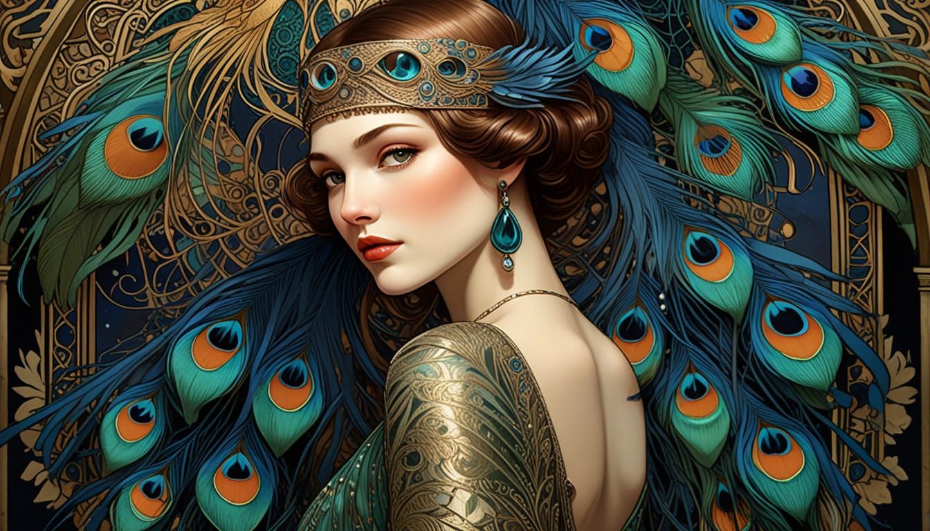 Glamorous Art Nouveau Flapper Woman in Majestic Peacock Sett...