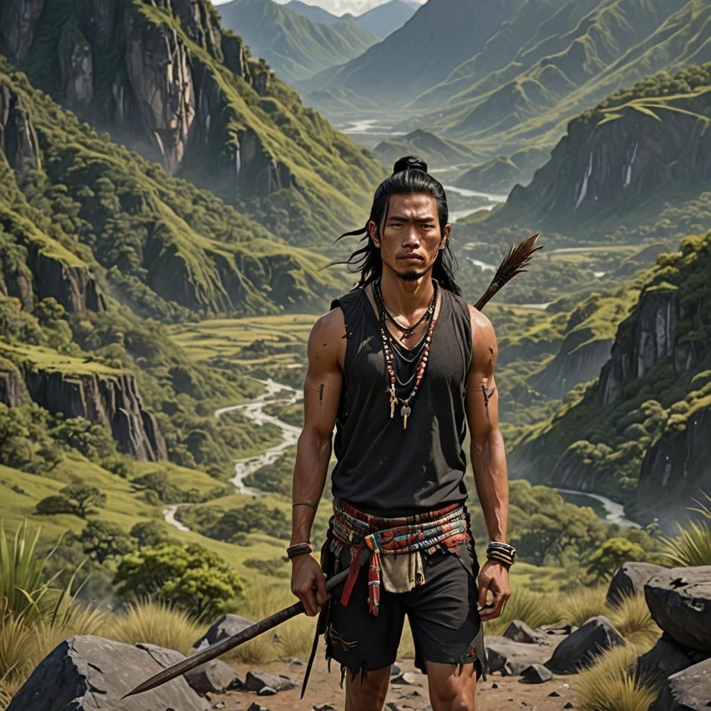 Young Igorot Man in Sun-Drenched Mountain Landscape