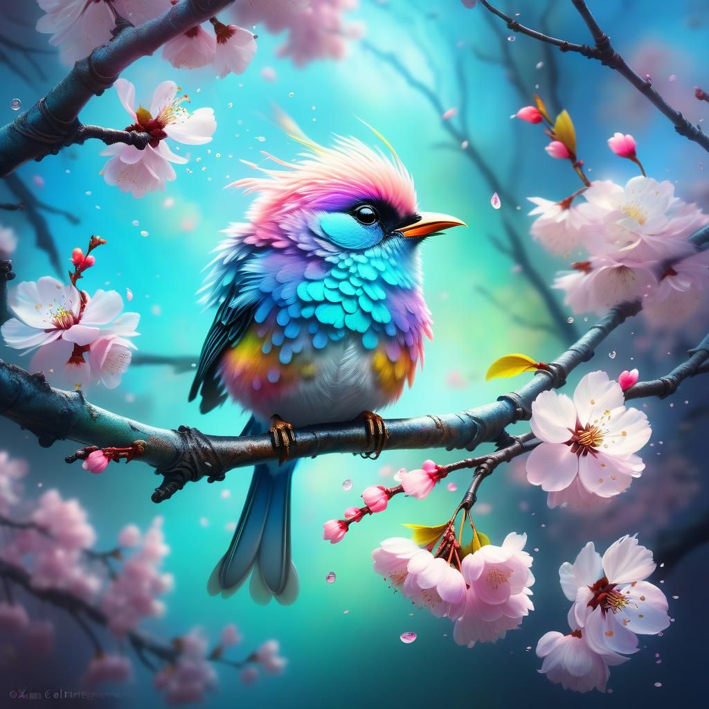 Adorable Pastel Bird on Cherry Blossom Branch