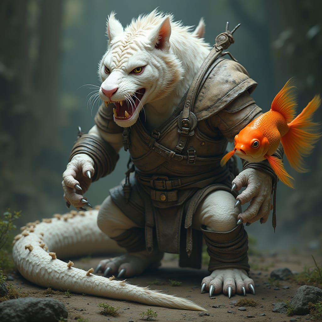 Mythical Tiger-Dragon with Goldfish in Dark Fantasy Style