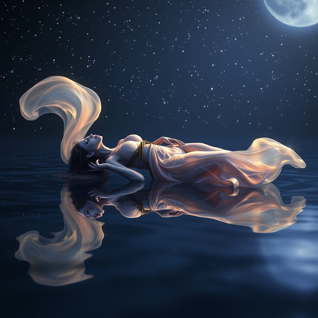 Ethereal Goddess in a Starlit Reflecting Pool