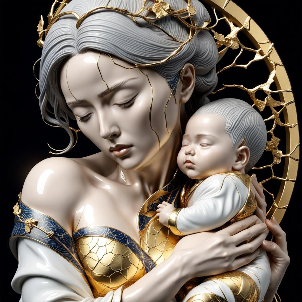 Porcelain Woman Cradling Baby with Kintsugi Cracks