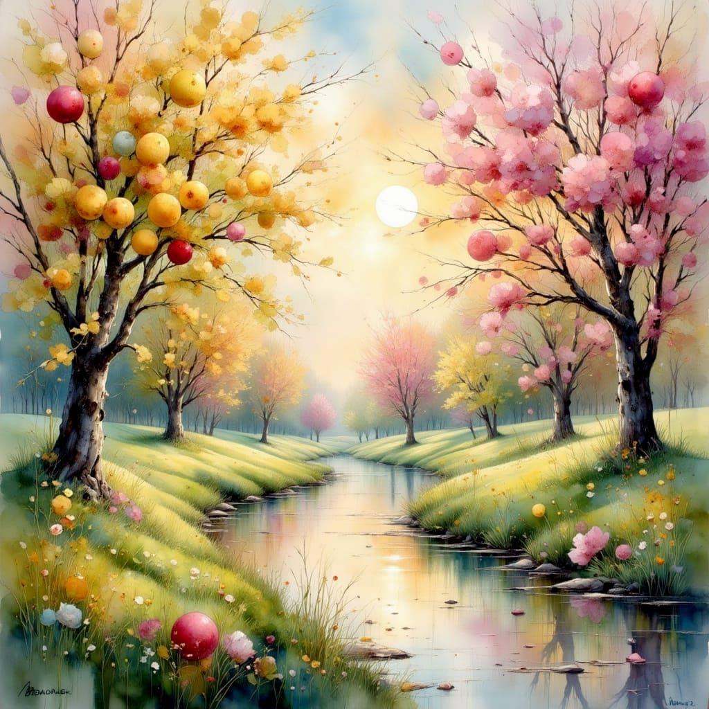 Lush Orchard by River in Pastel Watercolor