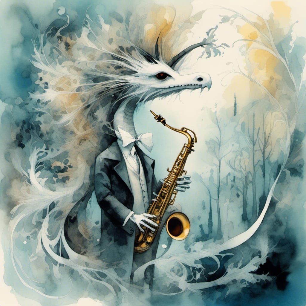 <lora:Photogram 222:1.0> Surrealistic jazz scene. Close-up shot. A dragon  wearing a zootsuit and fedora with iridescent...