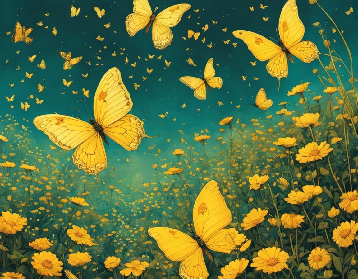 Yellow Butterflies Over Wildflowers: Fantasy Art