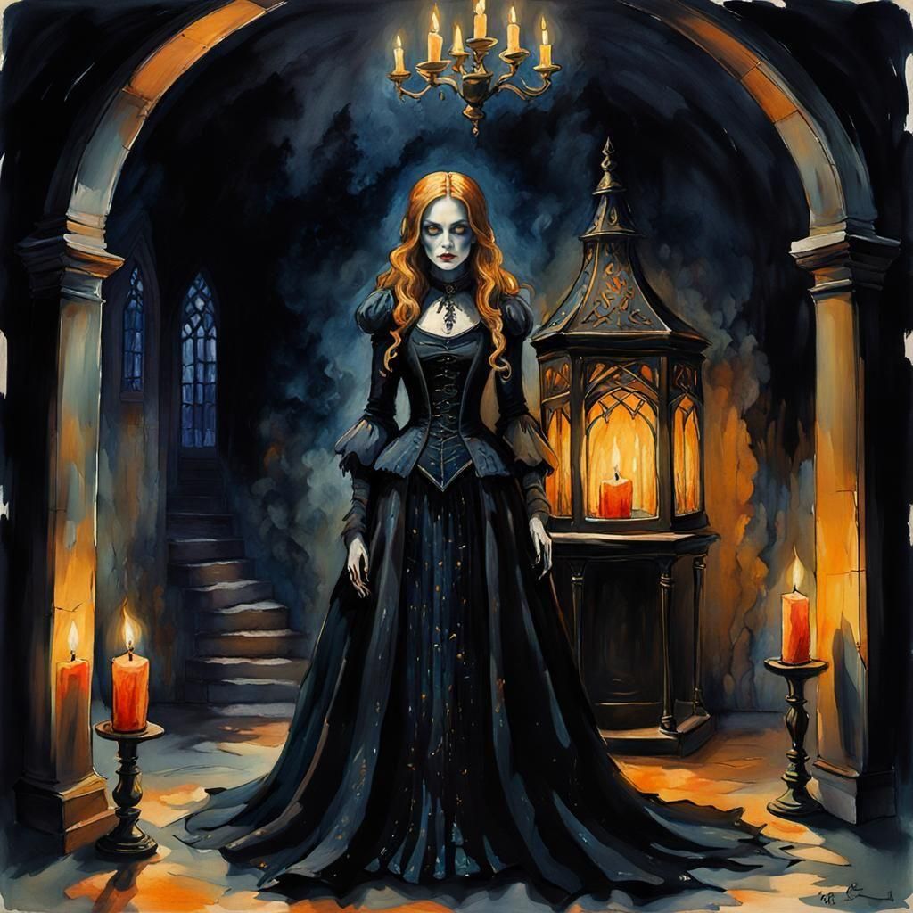 Gothic Witch in Candlelit Chamber: Gouache Impressionist Pai...