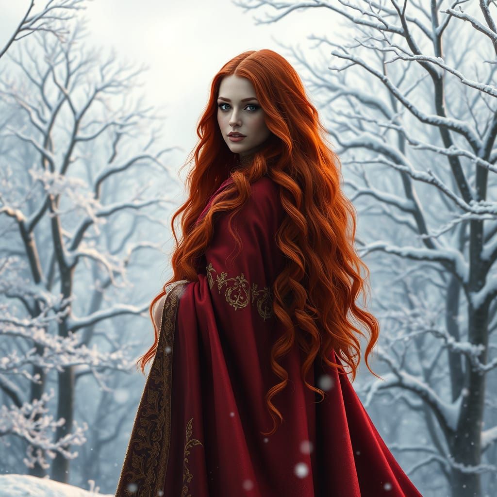 Regal Red-Headed Woman in Winter Wonderland
