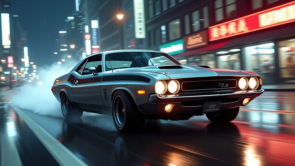 1970s Muscle Car Drifting in Neon Cityscape