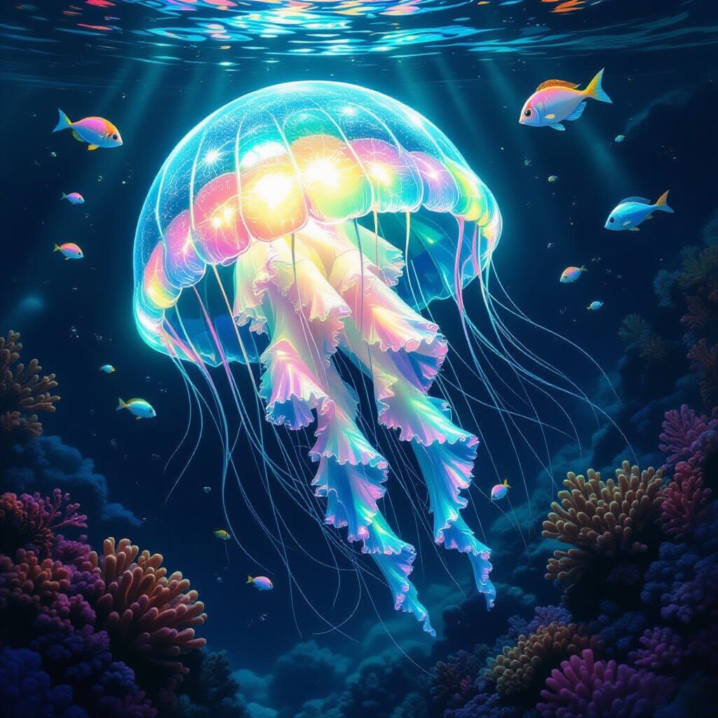 Bioluminescent Jellyfish with Stained Glass Tentacles