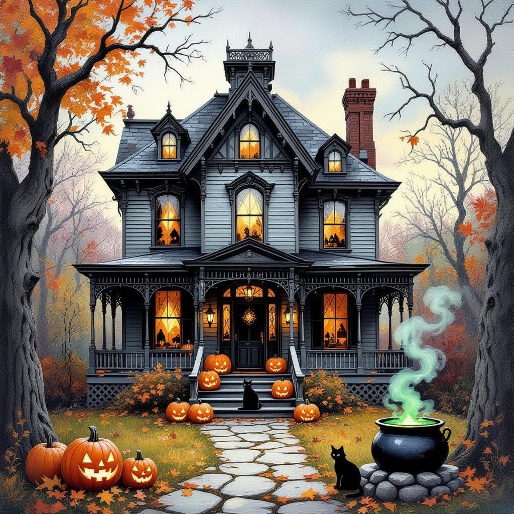Gothic Victorian House with Autumn Forest and Bubbling Cauld...