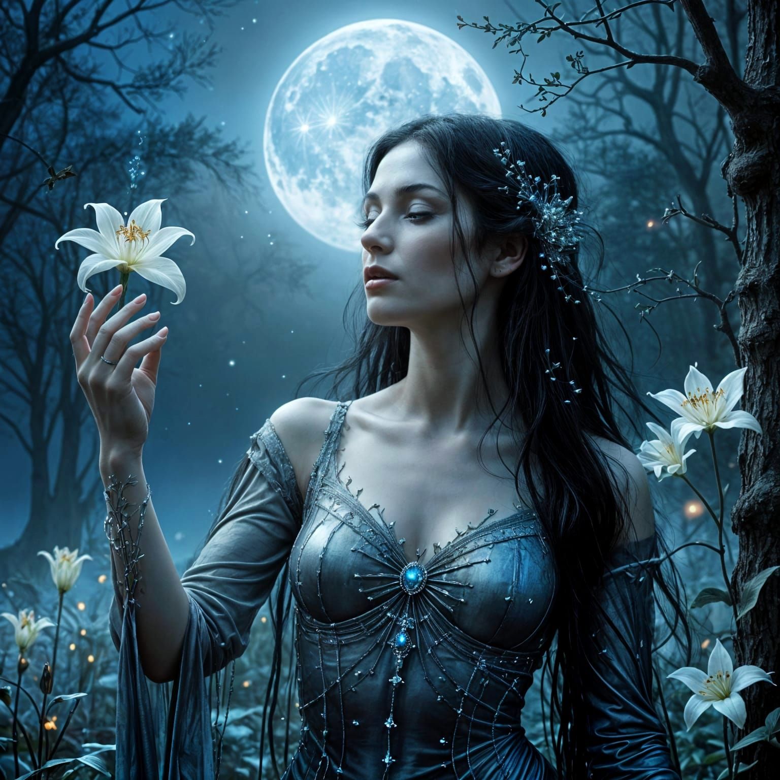 Gothic Goddess Radiates Mystical Energy Under Silver Moonlig...