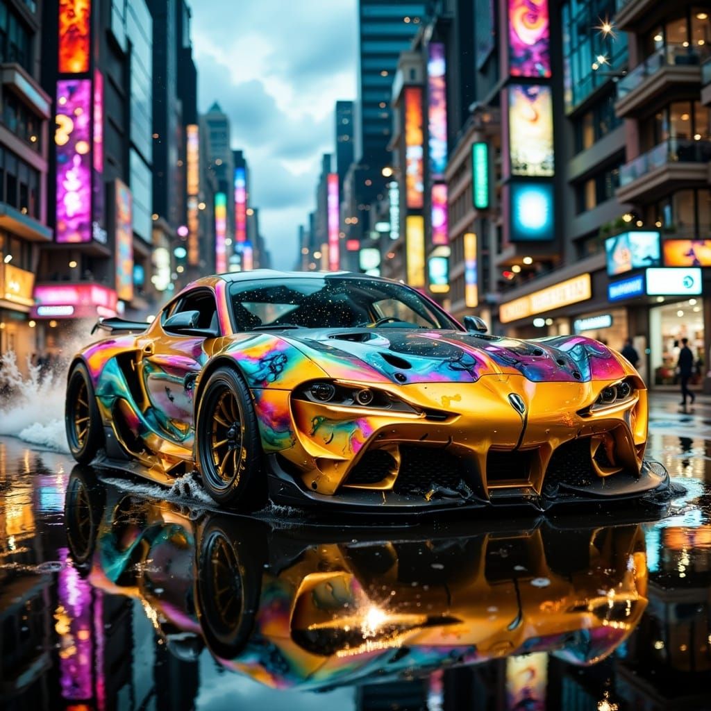 Cyberpunk Car Speeds Through Cityscape in High-Energy Scene