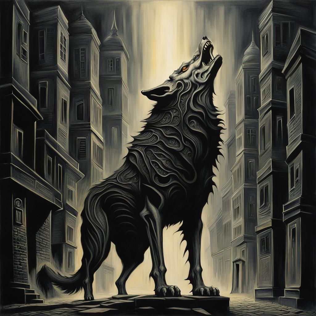 Fierce Wolf Howling in Dark City, Biomechanical Art