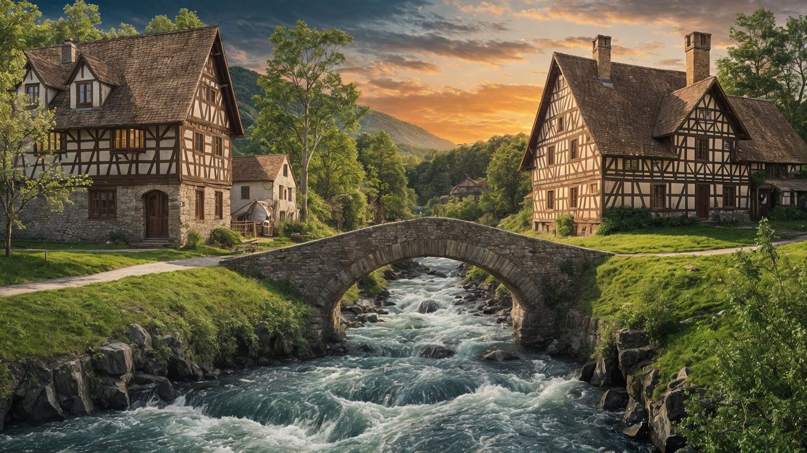 Idyllic Village Scene with Ancient Stone Bridge
