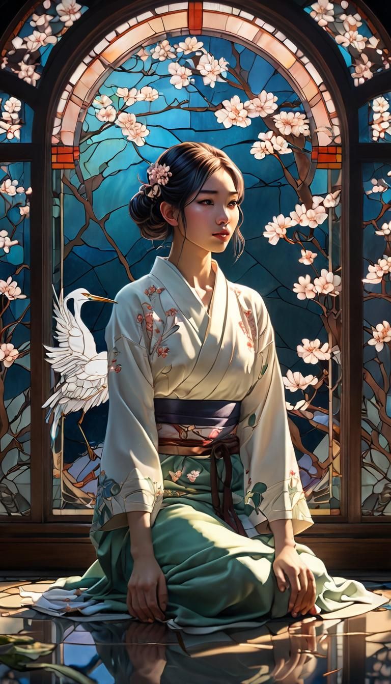 Japanese Girl in Art Nouveau Stained Glass Light