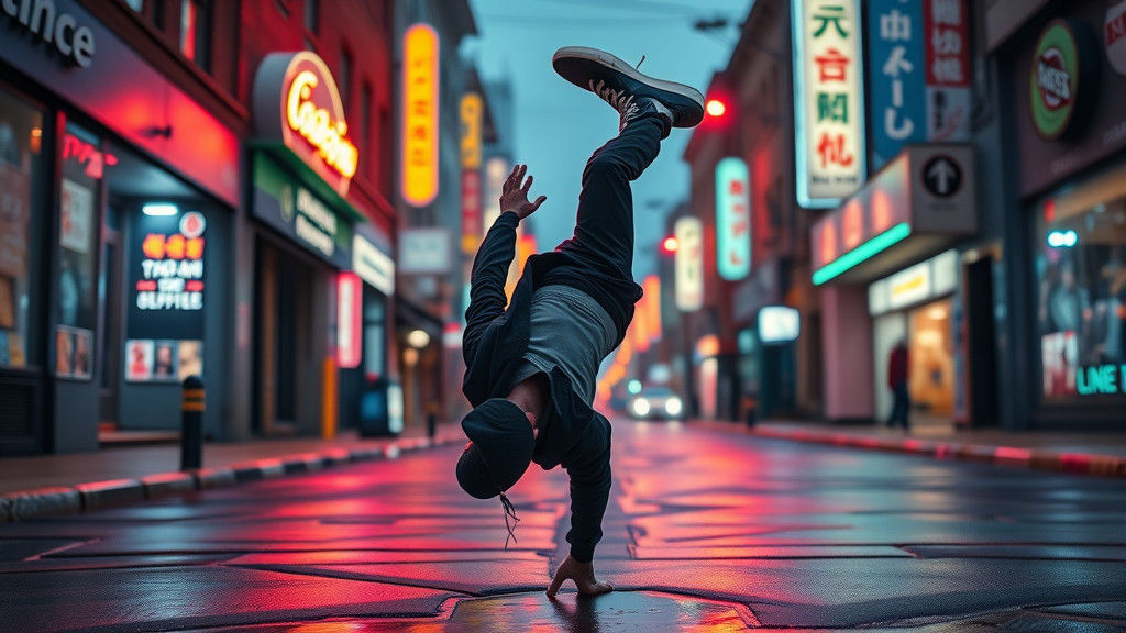 Breakdancer Spinning in Neon Lit Street, Hyper-Realistic