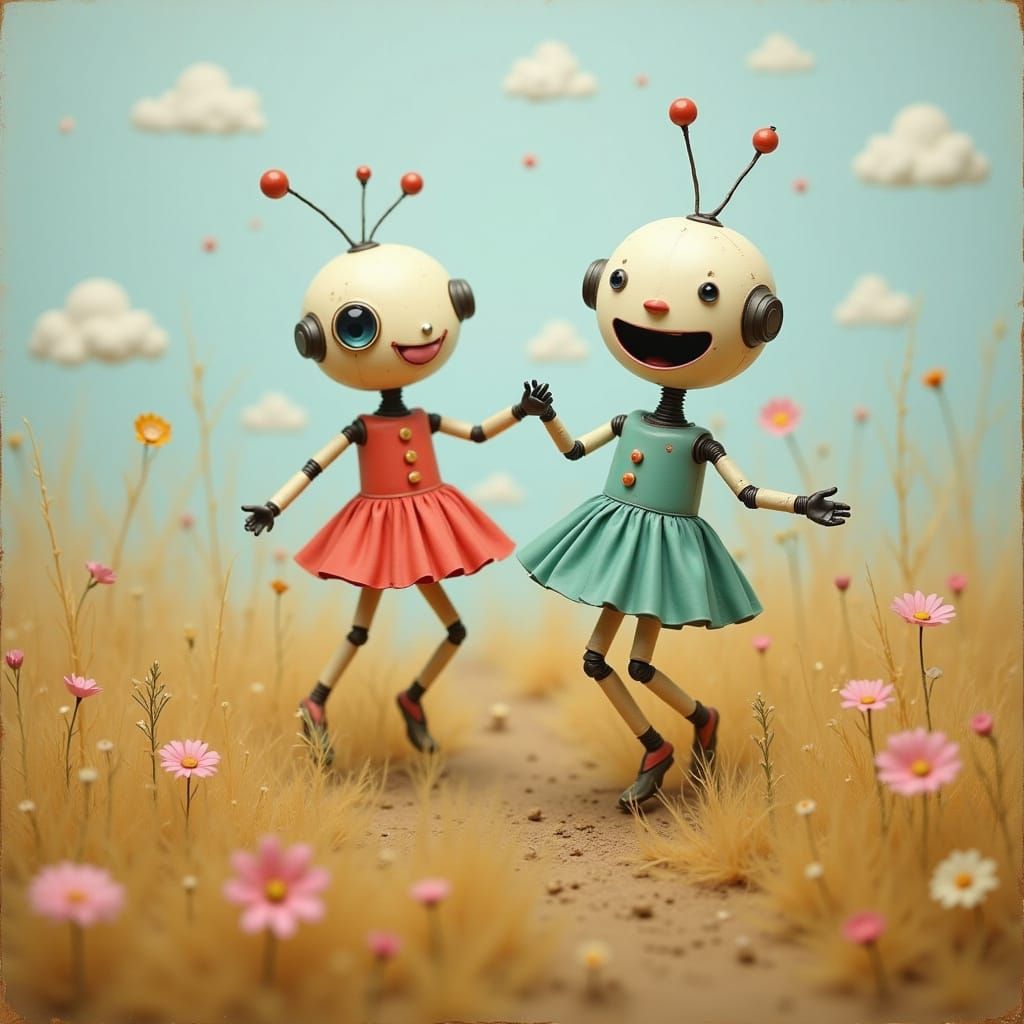 Surreal Robot Dancers in Amber Grasslands