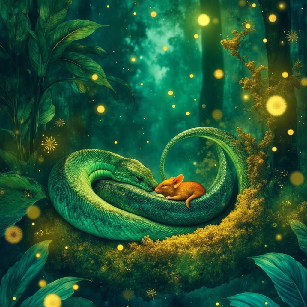 Emerald Python and Mouse Sleep as Friends in Twilight Jungle