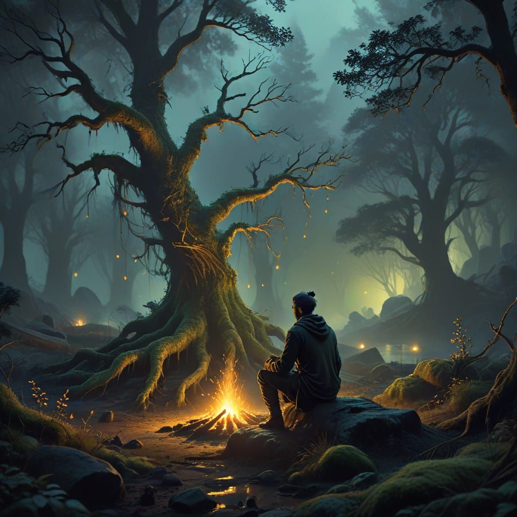 Enchanted Forest Campfire in Dark Fantasy Style