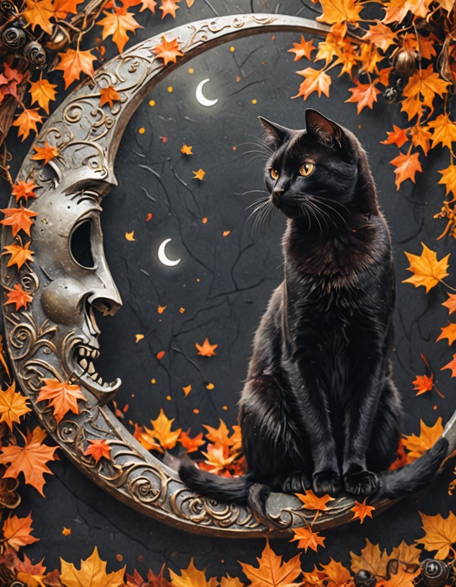 Black Cat on Crescent Moon in Dark Fantasy Style