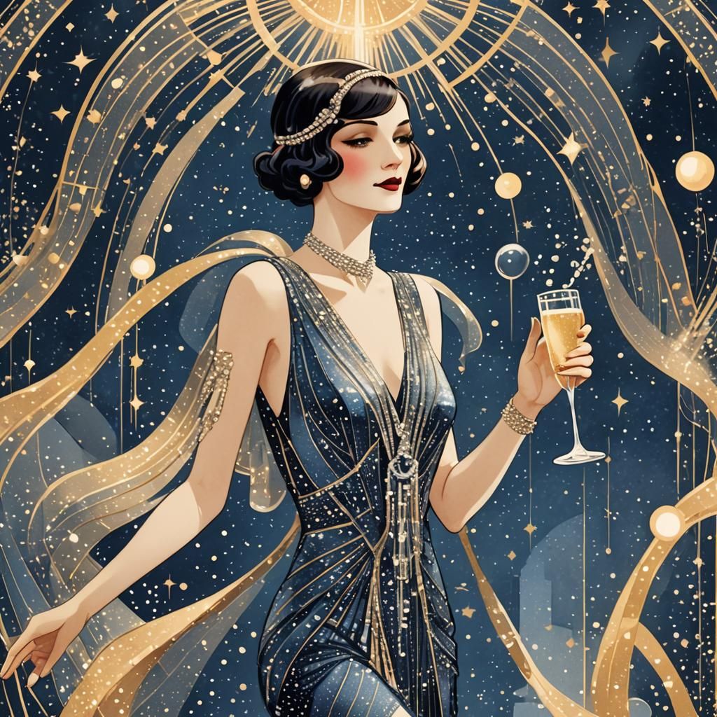 Art Deco "Morning Beauty" Illustration with Champagne