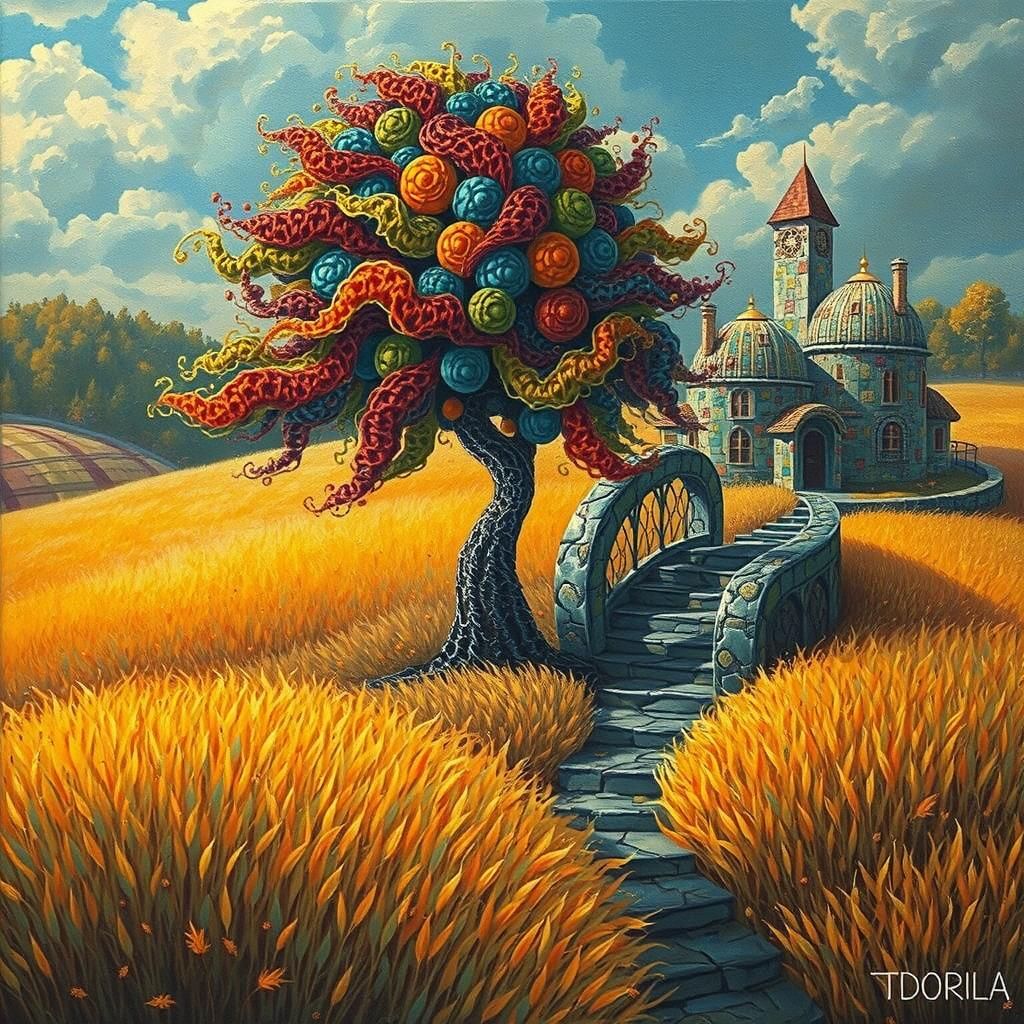 Fantastical Skyward Path with Knitted Houses