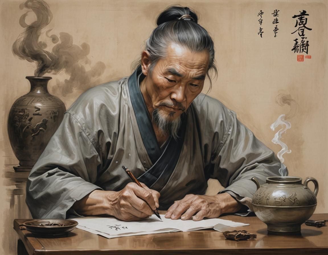 Old Man Writing, Realistic Digital Art