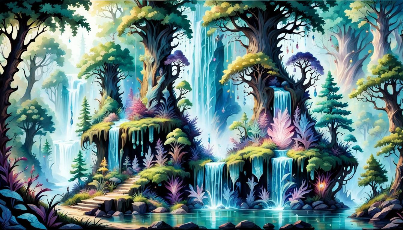 Enchanted Forest with Crystal Waterfall