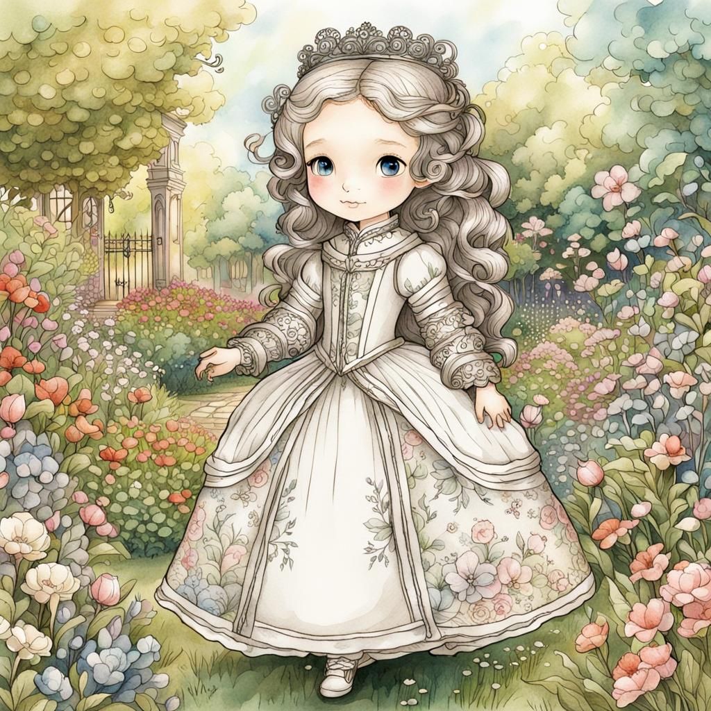 Chibi French Princess in Watercolor Flower Garden