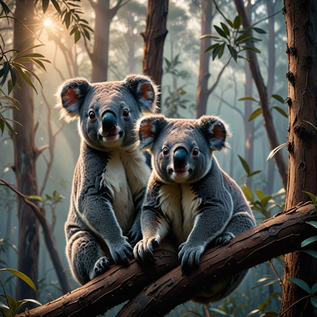 Koalas in a Misty Australian Forest