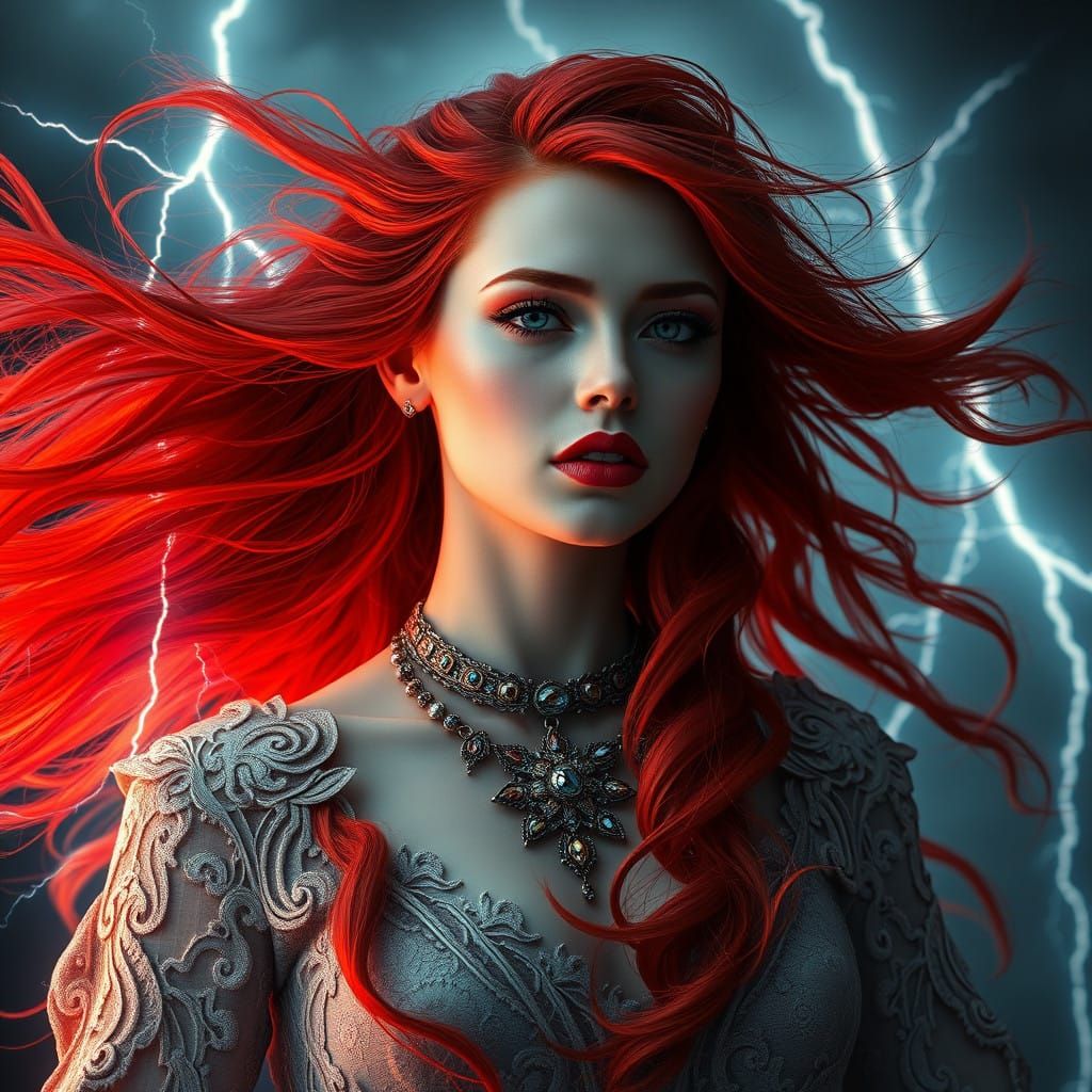 Gothic Queen of Lightnings with Radiant Red Hair