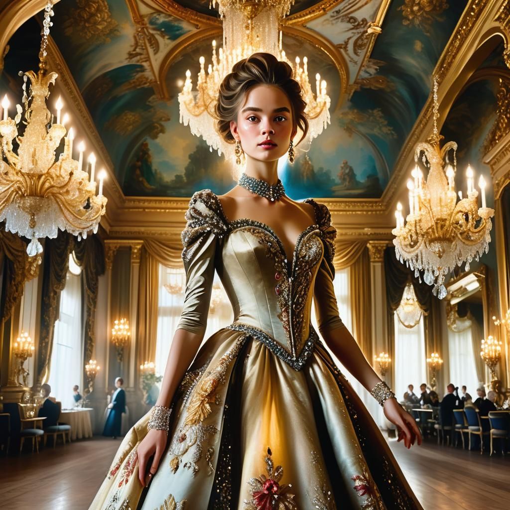 Elegant Woman in Baroque Ballroom: High-Fashion Photography