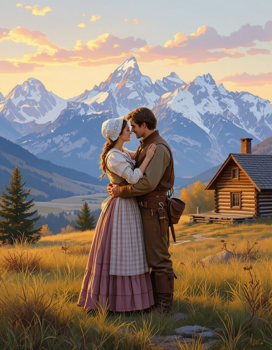 Pioneer Couple Embrace New Home Amidst Mountain Vistas
