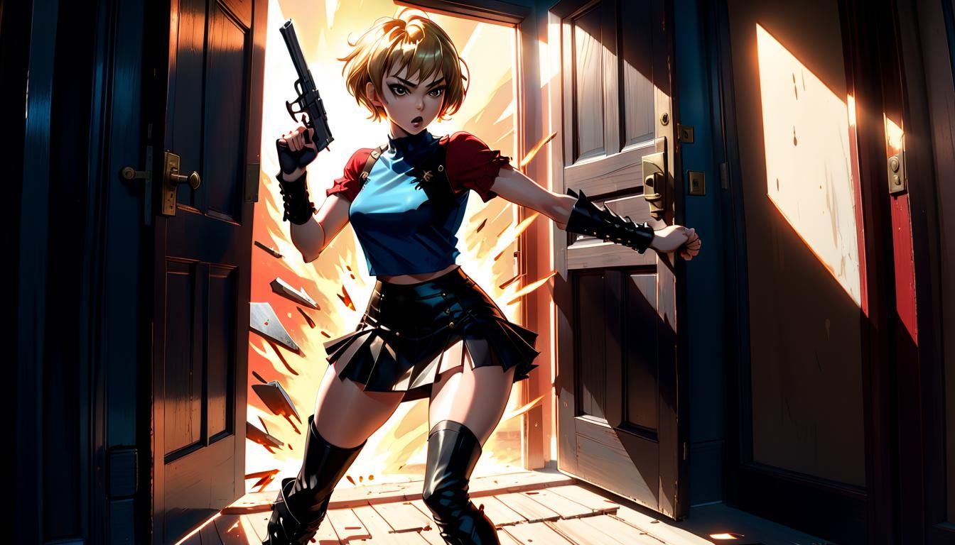 Anime Woman Kicks Door in Energetic Splash Art