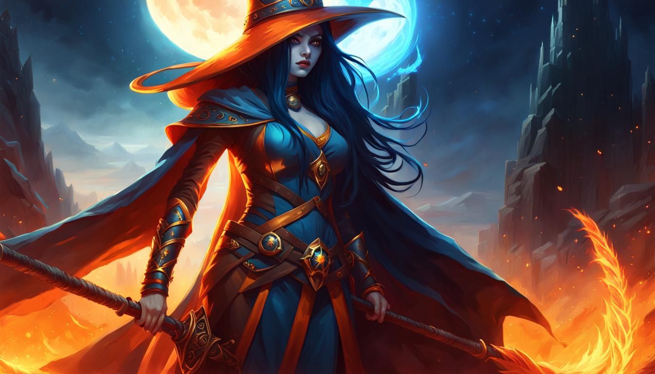 Blue Witch Ready to Fight in Fiery Wastelands