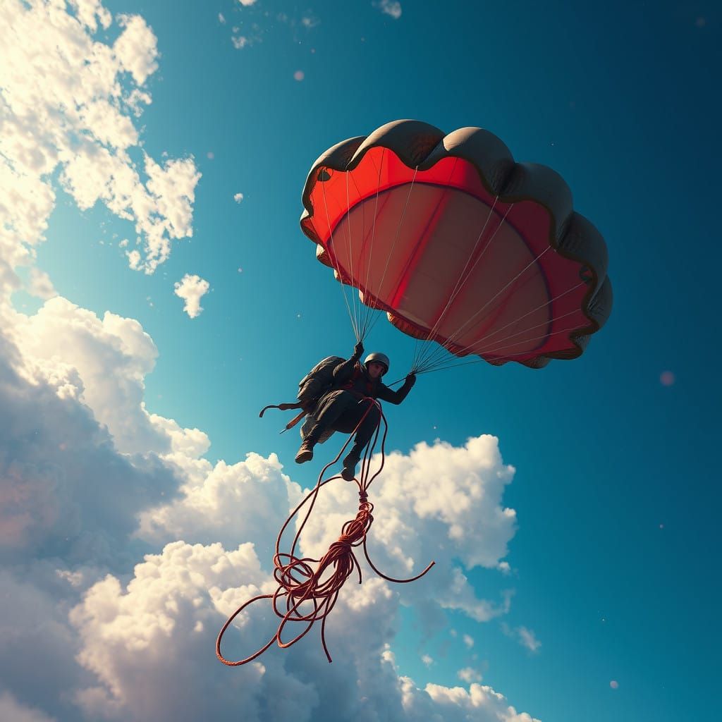 Parachutist Suspended in Sky by Tangled Sling Lines, Cuts Fr...
