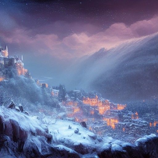 Winter Mountain Castle Overlook at Night