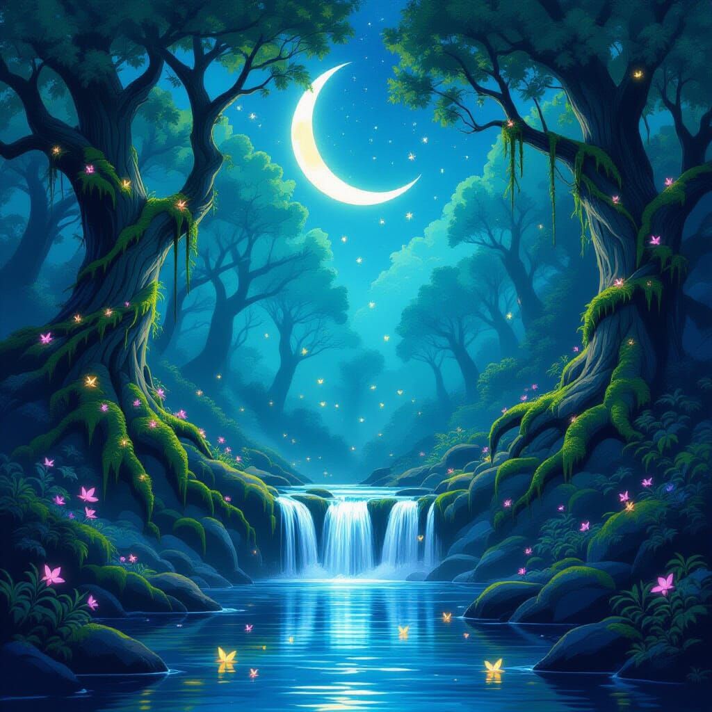 Ethereal Forest Moonlit Waterfall Fantasy Anime Style