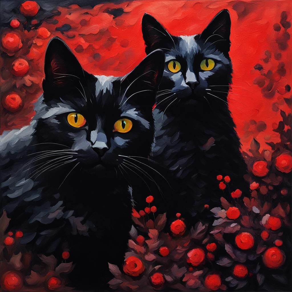 red paint on black felt: two black cats