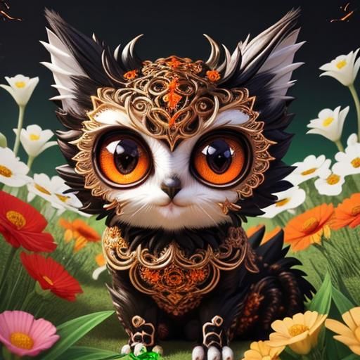 Cute Monster Cat with Tilted Head, Fractal Art