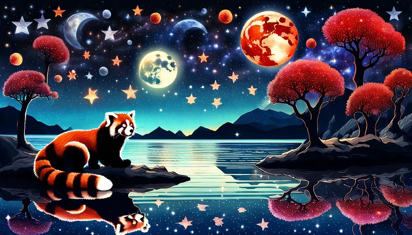 Red Panda Dreams in Starry Universe Collage