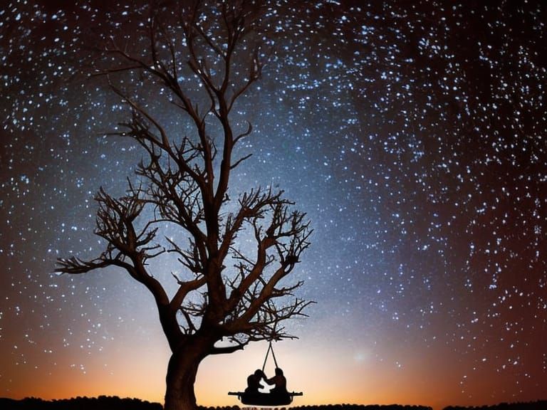 Romantic Couple on Swing Watching Stars at Night