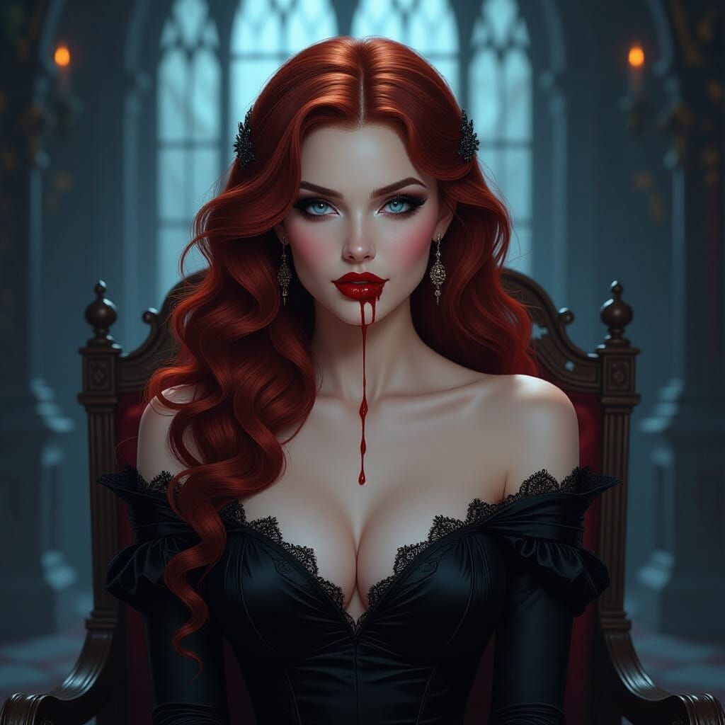 Vampire Woman in Gothic Chamber, Photorealistic Art