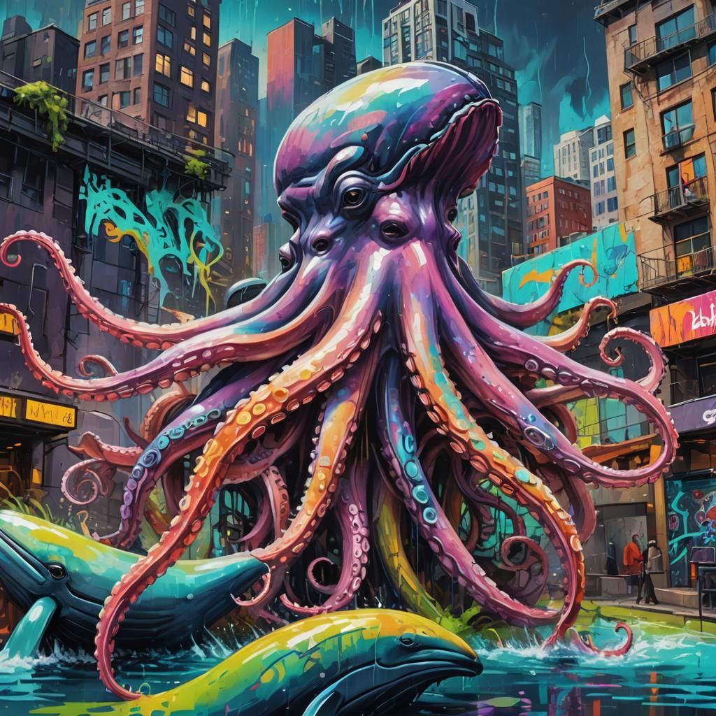 Whale-Octopus Hybrid in Neo-Impressionist Metropolis