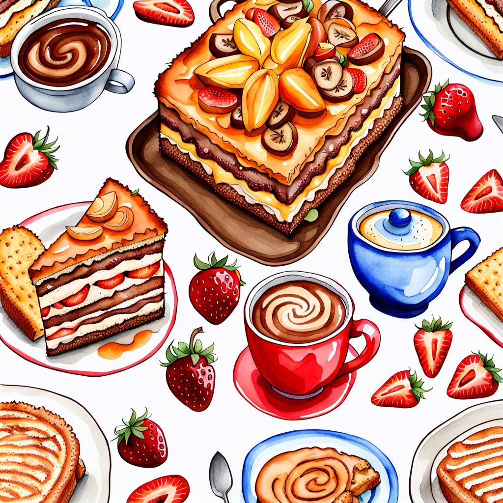 Watercolor Ink Drawing of Sweet Food Desserts