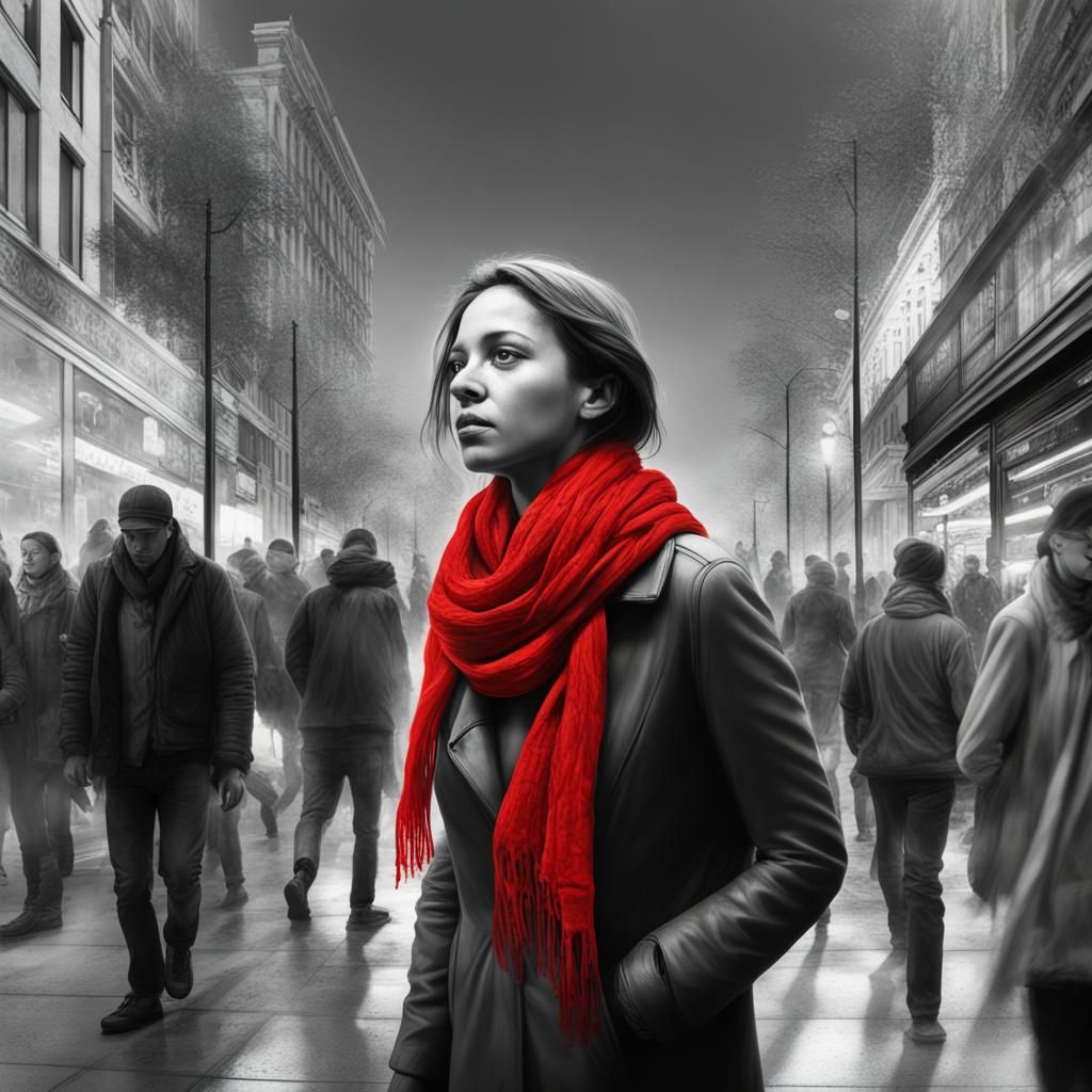 Woman in Red Scarf: Hyperrealistic Street Photography