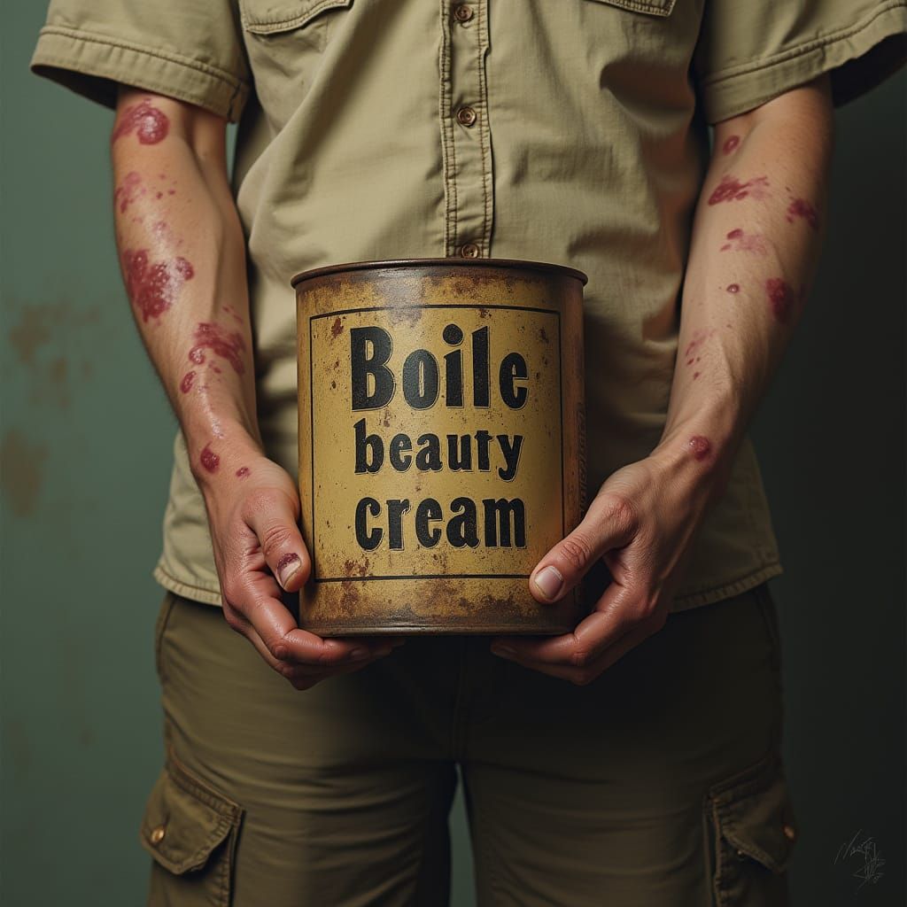 Surreal Portrait of a Person with Boils Holding a Rusty Can