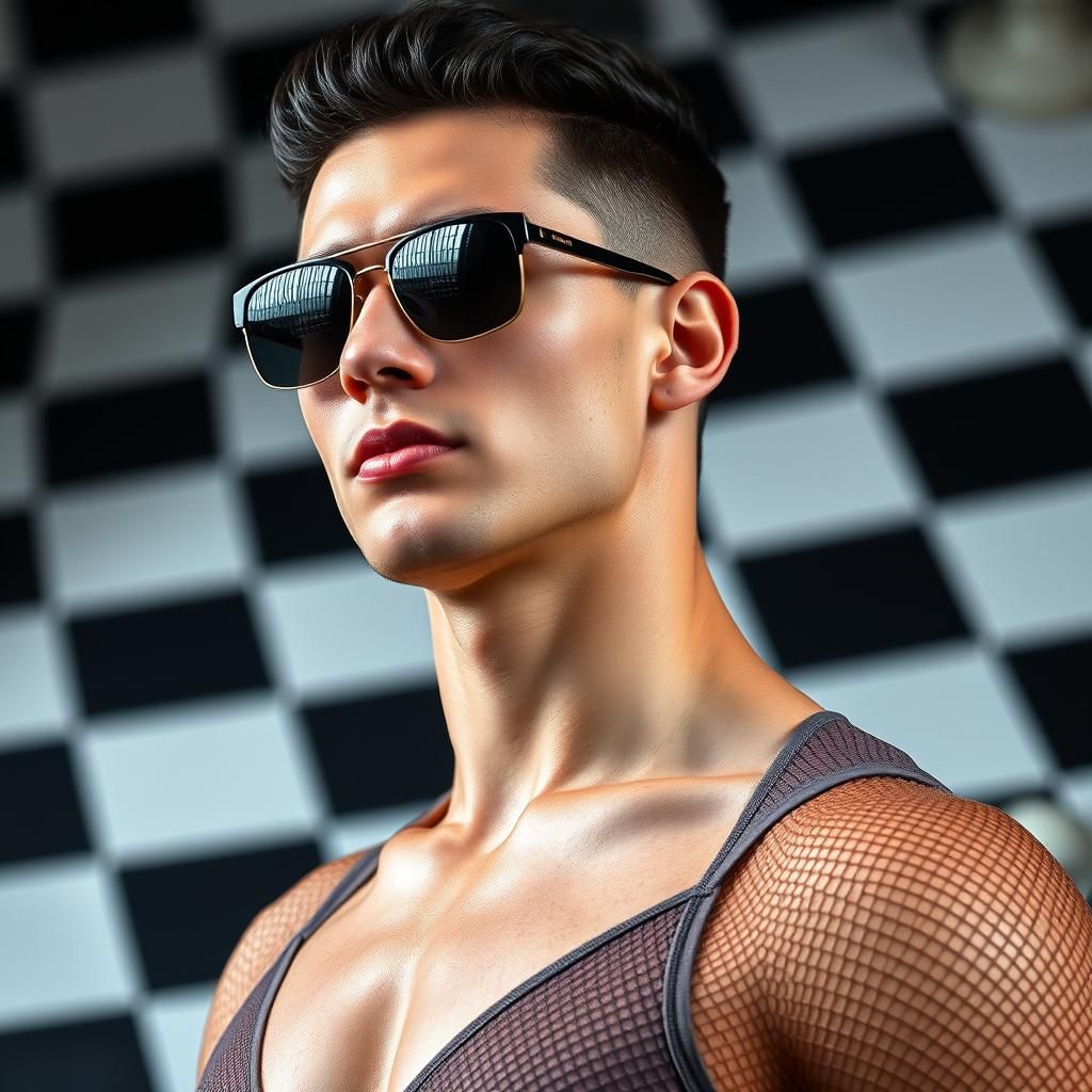 Glamorous Man in Bodysuit on Chessboard Background